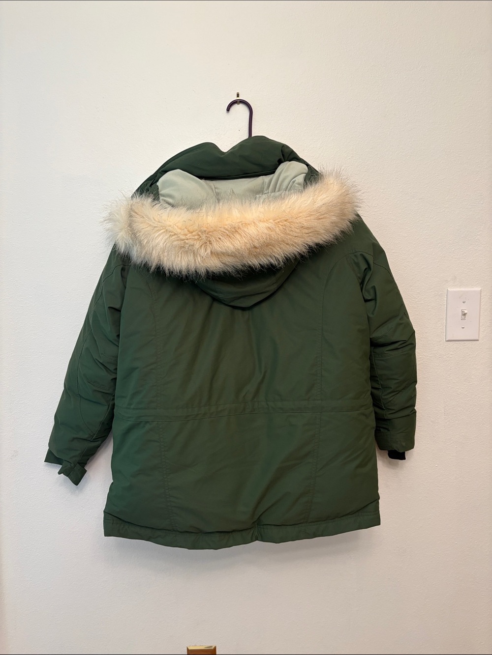 L.L. Bean Olive Green Insulated Puffer Jacket with Cream Hood Lining - Picture 6 of 7